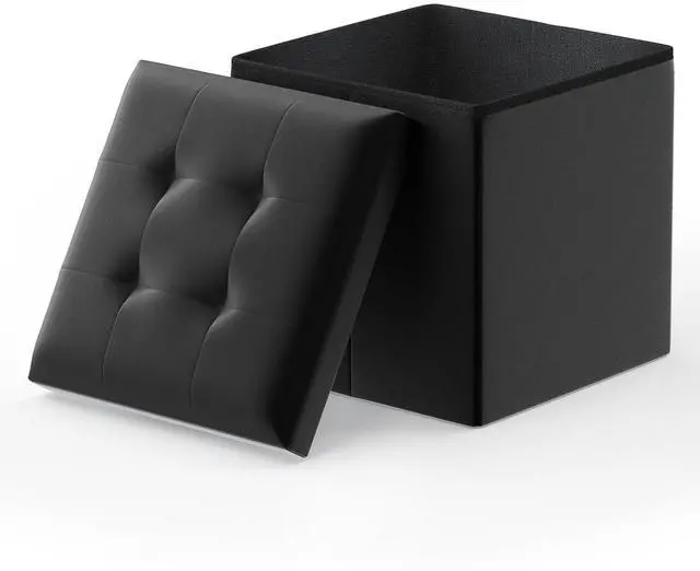 Main image of Folding Storage Ottoman Cube, 15 Inches Small Ottoman with Storage, Footstool Rest Padded Seat for Living Room, Bedroom, Entryway, Hallway, Black