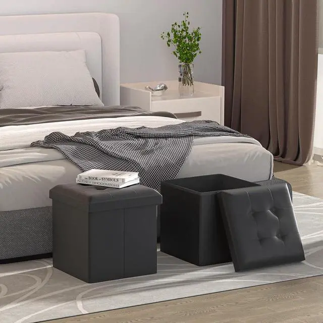 Alt view image 2 of 7 - Folding Storage Ottoman Cube, 15 Inches Small Ottoman with Storage, Footstool Rest Padded Seat for Living Room, Bedroom, Entryway, Hallway, Black
