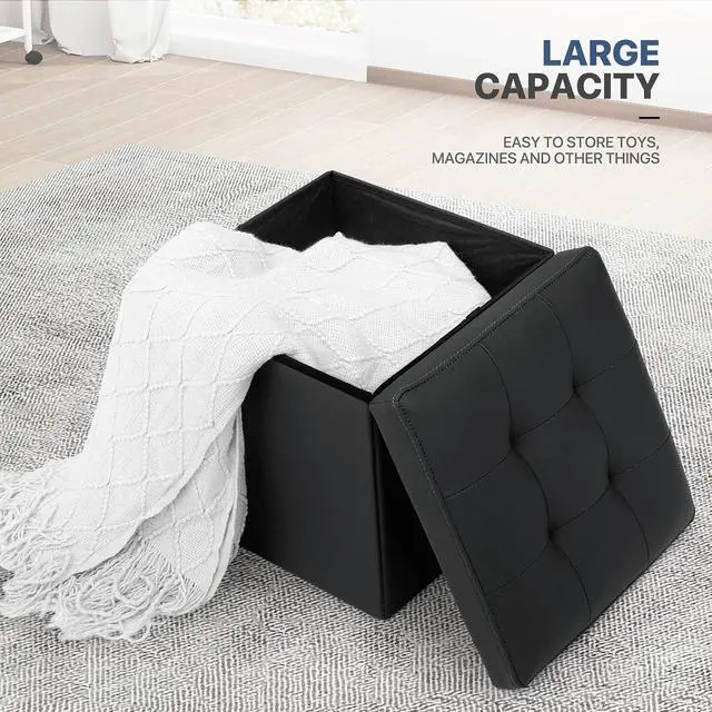 Alt view image 4 of 7 - Folding Storage Ottoman Cube, 15 Inches Small Ottoman with Storage, Footstool Rest Padded Seat for Living Room, Bedroom, Entryway, Hallway, Black