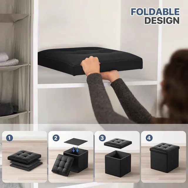 Alt view image 5 of 7 - Folding Storage Ottoman Cube, 15 Inches Small Ottoman with Storage, Footstool Rest Padded Seat for Living Room, Bedroom, Entryway, Hallway, Black