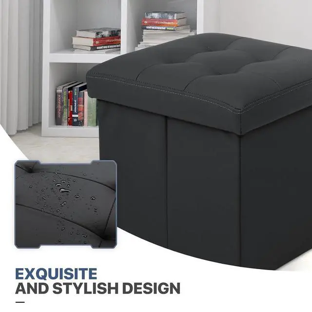 Alt view image 7 of 7 - Folding Storage Ottoman Cube, 15 Inches Small Ottoman with Storage, Footstool Rest Padded Seat for Living Room, Bedroom, Entryway, Hallway, Black