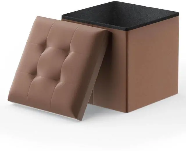 Main image of Folding Storage Ottoman Cube, 15 Inches Small Ottoman with Storage, Footstool Rest Padded Seat for Living Room, Bedroom, Entryway, Hallway, Brown