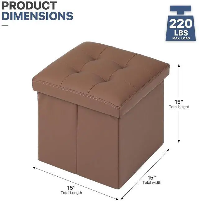 Alt view image 3 of 7 - Folding Storage Ottoman Cube, 15 Inches Small Ottoman with Storage, Footstool Rest Padded Seat for Living Room, Bedroom, Entryway, Hallway, Brown