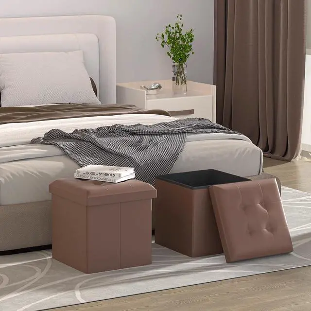 Alt view image 2 of 7 - Folding Storage Ottoman Cube, 15 Inches Small Ottoman with Storage, Footstool Rest Padded Seat for Living Room, Bedroom, Entryway, Hallway, Brown