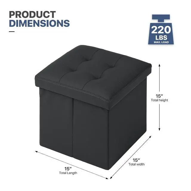 Alt view image 3 of 7 - Folding Storage Ottoman Cube, 15 Inches Small Ottoman with Storage, Footstool Rest Padded Seat for Living Room, Bedroom, Entryway, Hallway, Black