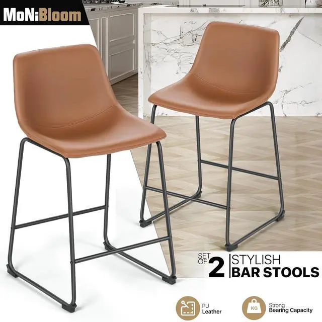 Alt view image 4 of 7 - Counter Height Bar Stools Set of 2 Modern Kitchen Dining Chairs w/Metal Legs and Footrest, Whisky Brown