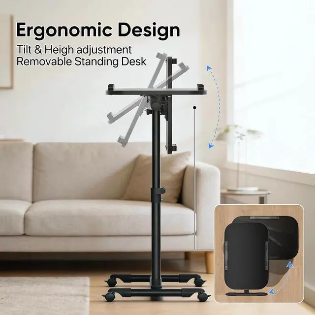 Alt view image 4 of 7 - Rolling Mobile Standing Desk 360° Rotatable Panel Adjustable Height 59''-89'' Portable Overbed Laptop Sofa Table Cart with Wheels for Offices Home Medical, Black