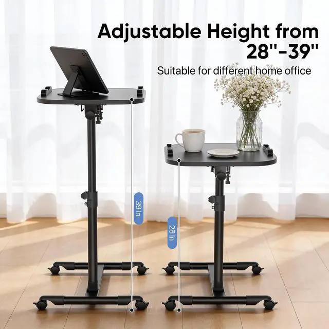 Alt view image 3 of 7 - Rolling Mobile Standing Desk 360° Rotatable Panel Adjustable Height 59''-89'' Portable Overbed Laptop Sofa Table Cart with Wheels for Offices Home Medical, Black