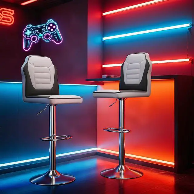 Alt view image 2 of 7 - Bar Stools Set of 2, White-Black Blocking Vibrant Racing Style Height Adjustable PU Leather Barstools with Footrest, 360° Swivel Kitchen Stool with Backrest, Bar Chairs for Counter and Pub
