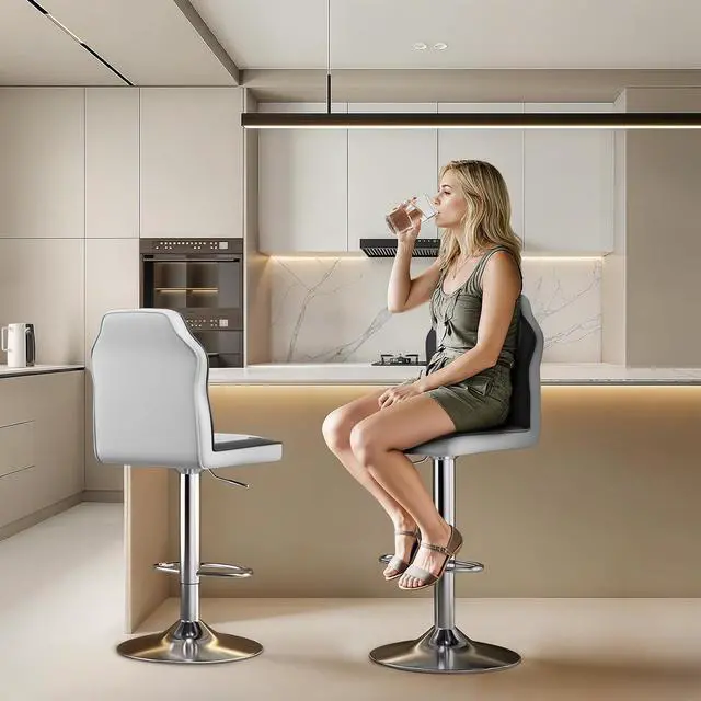 Alt view image 3 of 7 - Bar Stools Set of 2, White-Black Blocking Vibrant Racing Style Height Adjustable PU Leather Barstools with Footrest, 360° Swivel Kitchen Stool with Backrest, Bar Chairs for Counter and Pub