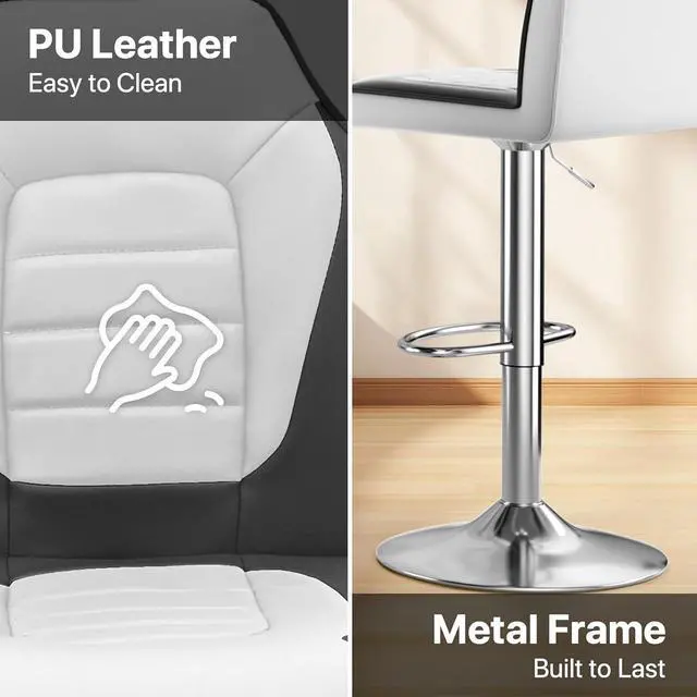 Alt view image 5 of 7 - Bar Stools Set of 2, White-Black Blocking Vibrant Racing Style Height Adjustable PU Leather Barstools with Footrest, 360° Swivel Kitchen Stool with Backrest, Bar Chairs for Counter and Pub