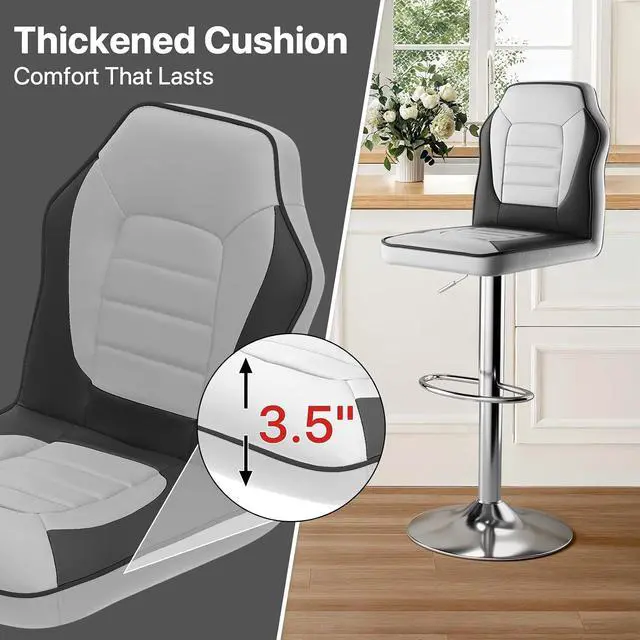 Alt view image 4 of 7 - Bar Stools Set of 2, White-Black Blocking Vibrant Racing Style Height Adjustable PU Leather Barstools with Footrest, 360° Swivel Kitchen Stool with Backrest, Bar Chairs for Counter and Pub