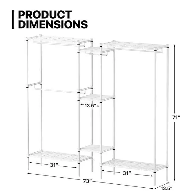 Alt view image 2 of 7 - Garment Rack with Shelves, 73 Inch Clothes Rack Heavy Duty Clothing Rack for Hanging Clothes Adjustable Metal Wire Shelving Portable Closet, Freestanding Closet Wardrobe, Load 1000lbs