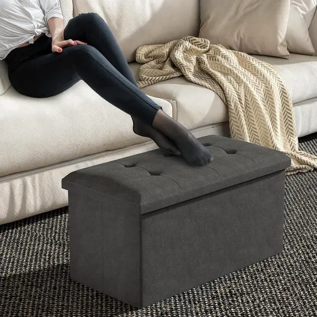 Alt view image 4 of 7 - 30 Inches Storage Ottoman Bench, Rectangle End of Bed Bench, Storage Padded Seat, Linen Fabric Ottoman Footrest for Living Room, Bedroom, Entryway, Dark Gray