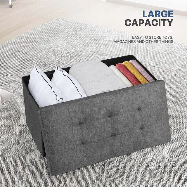 Alt view image 5 of 7 - 30 Inches Storage Ottoman Bench, Rectangle End of Bed Bench, Storage Padded Seat, Linen Fabric Ottoman Footrest for Living Room, Bedroom, Entryway, Dark Gray