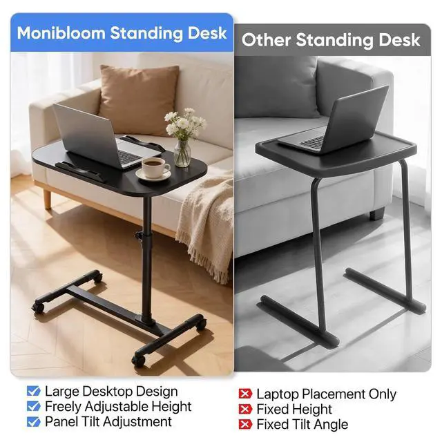 Alt view image 7 of 7 - Rolling Mobile Standing Desk 360° Rotatable Panel Adjustable Height 59''-89'' Portable Overbed Laptop Sofa Table Cart with Wheels for Offices Home Medical, Black