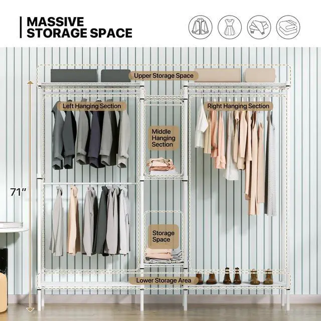 Alt view image 6 of 7 - Garment Rack with Shelves, 73 Inch Clothes Rack Heavy Duty Clothing Rack for Hanging Clothes Adjustable Metal Wire Shelving Portable Closet, Freestanding Closet Wardrobe, Load 1000lbs