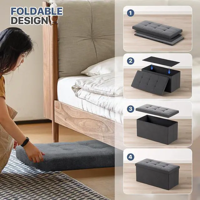Alt view image 6 of 7 - 30 Inches Storage Ottoman Bench, Rectangle End of Bed Bench, Storage Padded Seat, Linen Fabric Ottoman Footrest for Living Room, Bedroom, Entryway, Dark Gray