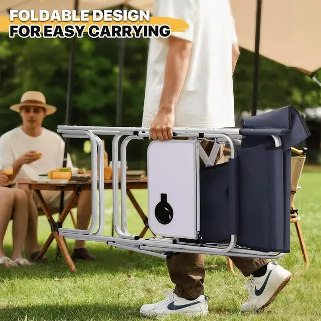 Alt view image 2 of 7 - 44.5" Foldable Tall Director Chair Folding Portable Aluminum Frame Makeup Artist Chair, with Side Table, Cup Holder and Pockets, 250lbs Capacity (Set of 2, Navy Blue)
