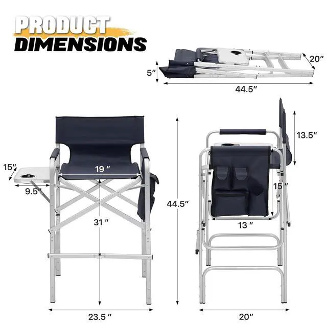 Alt view image 3 of 7 - 44.5" Foldable Tall Director Chair Folding Portable Aluminum Frame Makeup Artist Chair, with Side Table, Cup Holder and Pockets, 250lbs Capacity (Set of 2, Navy Blue)
