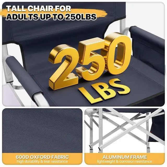 Alt view image 6 of 7 - 44.5" Foldable Tall Director Chair Folding Portable Aluminum Frame Makeup Artist Chair, with Side Table, Cup Holder and Pockets, 250lbs Capacity (Set of 2, Navy Blue)