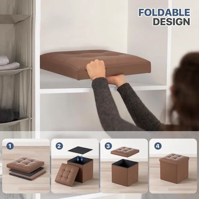 Alt view image 5 of 7 - Folding Storage Ottoman Cube, 15 Inches Small Ottoman with Storage, Footstool Rest Padded Seat for Living Room, Bedroom, Entryway, Hallway, Brown
