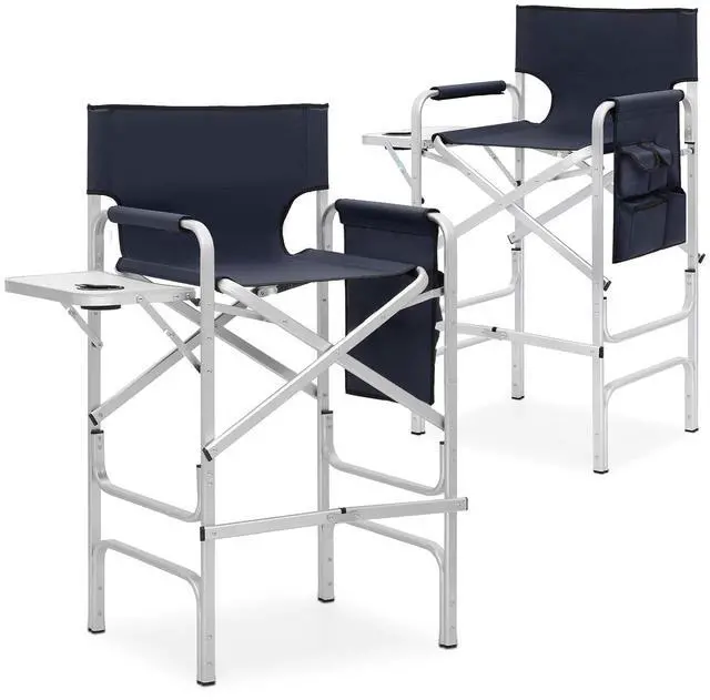 Main image of 44.5" Foldable Tall Director Chair Folding Portable Aluminum Frame Makeup Artist Chair, with Side Table, Cup Holder and Pockets, 250lbs Capacity (Set of 2, Navy Blue)
