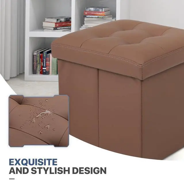 Alt view image 7 of 7 - Folding Storage Ottoman Cube, 15 Inches Small Ottoman with Storage, Footstool Rest Padded Seat for Living Room, Bedroom, Entryway, Hallway, Brown