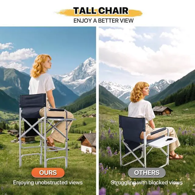 Alt view image 7 of 7 - 44.5" Foldable Tall Director Chair Folding Portable Aluminum Frame Makeup Artist Chair, with Side Table, Cup Holder and Pockets, 250lbs Capacity (Set of 2, Navy Blue)