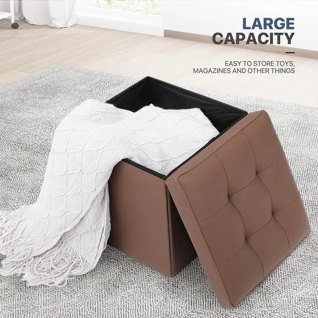 Alt view image 4 of 7 - Folding Storage Ottoman Cube, 15 Inches Small Ottoman with Storage, Footstool Rest Padded Seat for Living Room, Bedroom, Entryway, Hallway, Brown