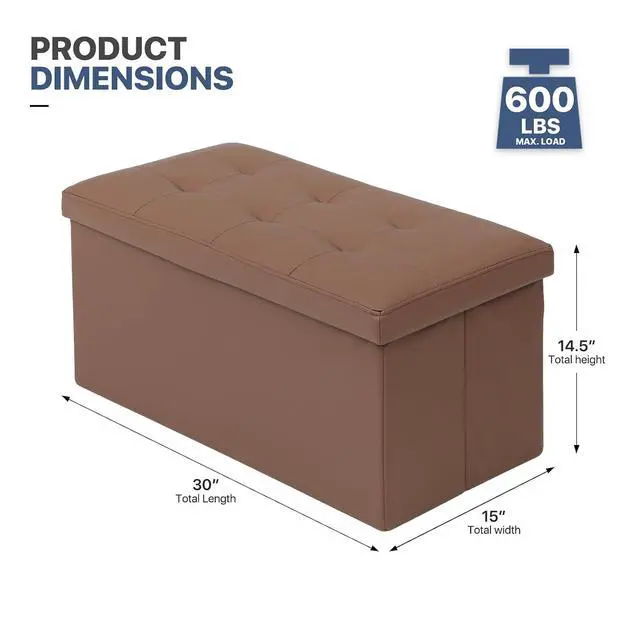 Alt view image 3 of 7 - 30 Inch Storage Ottoman Bench, 24 Gal. Folding Ottoman Footrest, End of Bed Bench, Rectangle Foot Stool, Supports 600 lbs, for Bedroom, Living Room, Entryway, Hallway, Brown