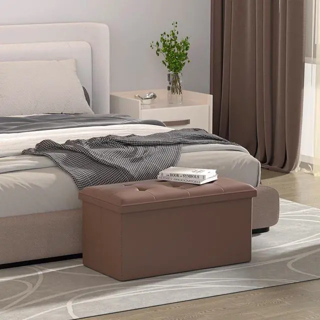 Alt view image 2 of 7 - 30 Inch Storage Ottoman Bench, 24 Gal. Folding Ottoman Footrest, End of Bed Bench, Rectangle Foot Stool, Supports 600 lbs, for Bedroom, Living Room, Entryway, Hallway, Brown