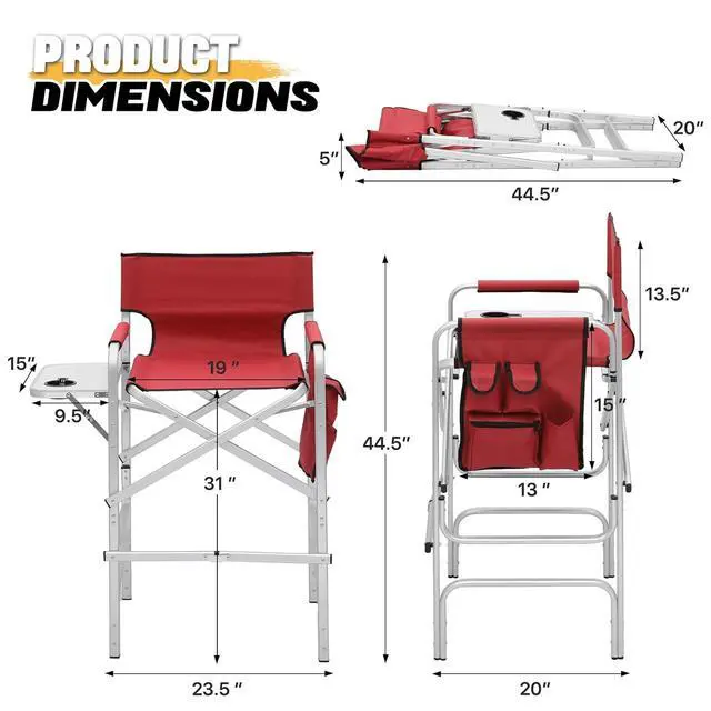 Alt view image 3 of 7 - 44.5" Foldable Tall Director Chair Folding Portable Aluminum Frame Makeup Artist Chair, with Side Table, Cup Holder and Pockets, 250lbs Capacity (Set of 2, Red)