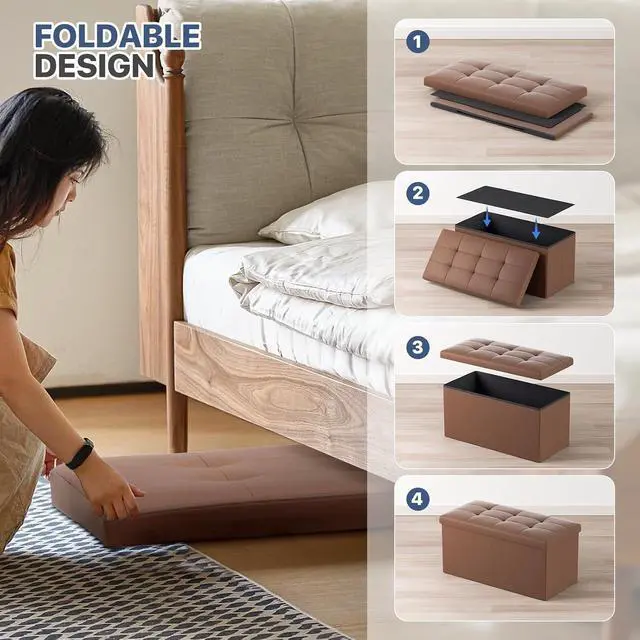 Alt view image 5 of 7 - 30 Inch Storage Ottoman Bench, 24 Gal. Folding Ottoman Footrest, End of Bed Bench, Rectangle Foot Stool, Supports 600 lbs, for Bedroom, Living Room, Entryway, Hallway, Brown