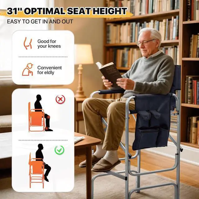 Alt view image 4 of 7 - 44.5" Foldable Tall Director Chair Folding Portable Aluminum Frame Makeup Artist Chair, with Side Table, Cup Holder and Pockets, 250lbs Capacity (Set of 2, Navy Blue)