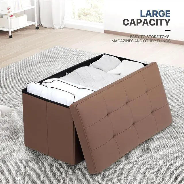 Alt view image 4 of 7 - 30 Inch Storage Ottoman Bench, 24 Gal. Folding Ottoman Footrest, End of Bed Bench, Rectangle Foot Stool, Supports 600 lbs, for Bedroom, Living Room, Entryway, Hallway, Brown