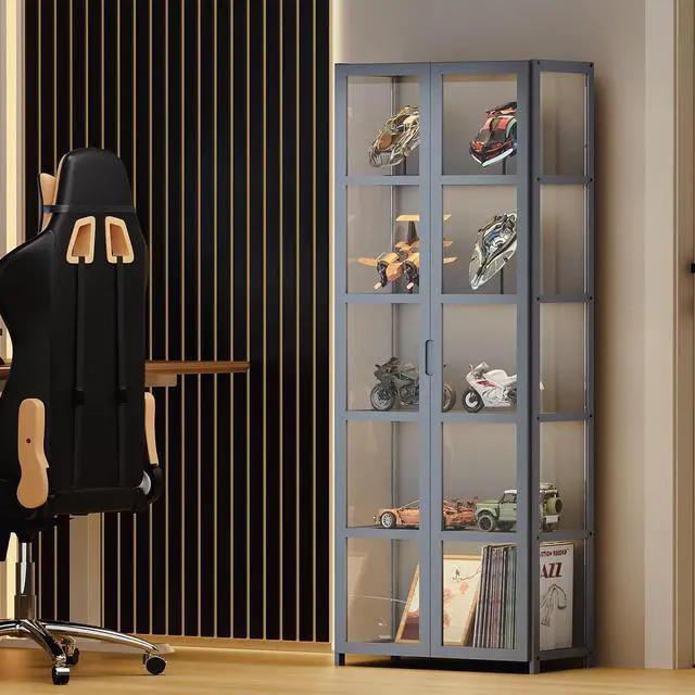 Alt view image 2 of 7 - 5 Tier Curio Display Cabinet with Acrylic Doors, 64" Large Capacity Storage Cabinet Collectibles Toy Showcase for Living Room, Gray
