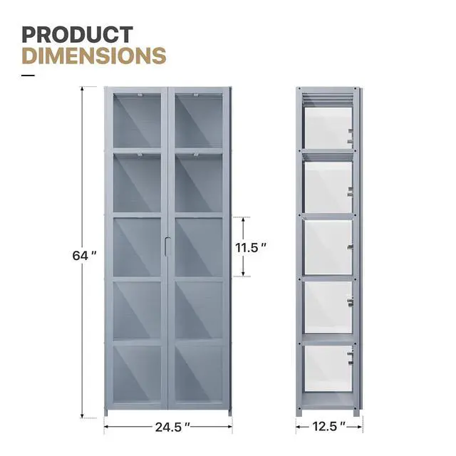 Alt view image 3 of 7 - 5 Tier Curio Display Cabinet with Acrylic Doors, 64" Large Capacity Storage Cabinet Collectibles Toy Showcase for Living Room, Gray