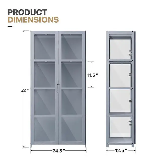 Alt view image 3 of 7 - 4 Tier Curio Display Cabinet with Acrylic Doors, 52" Large Capacity Storage Cabinet Collectibles Toy Showcase for Living Room, Gray