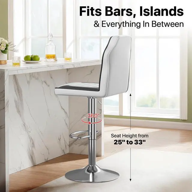 Alt view image 6 of 7 - Bar Stools Set of 2, White-Black Blocking Vibrant Racing Style Height Adjustable PU Leather Barstools with Footrest, 360° Swivel Kitchen Stool with Backrest, Bar Chairs for Counter and Pub