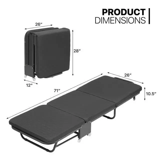 Alt view image 3 of 7 - Rollaway Bed for Adults, 71 X 26 Portable and Foldable Guest Bed with Mattress Load up to 330 Lbs, Space Saving Fold up Bed for Easy Storage, Black