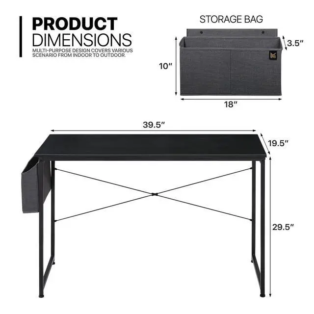 Alt view image 3 of 7 - Writing Computer Desk 40", Simple Home Office Gaming Desk with Storage Bag, Space Saving Table - Black