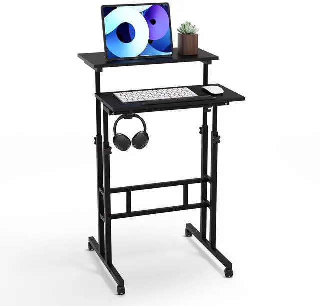 Main image of Mobile Desk Workstation Height Adjustable Rolling Laptop Stand Table with Wheels for Home Office Laptop Cart, Computer Desk, Black