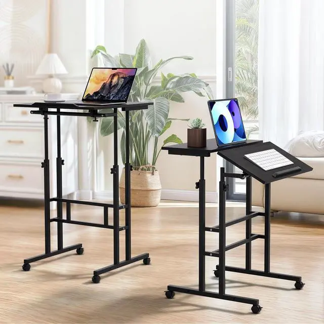 Alt view image 2 of 7 - Mobile Desk Workstation Height Adjustable Rolling Laptop Stand Table with Wheels for Home Office Laptop Cart, Computer Desk, Black