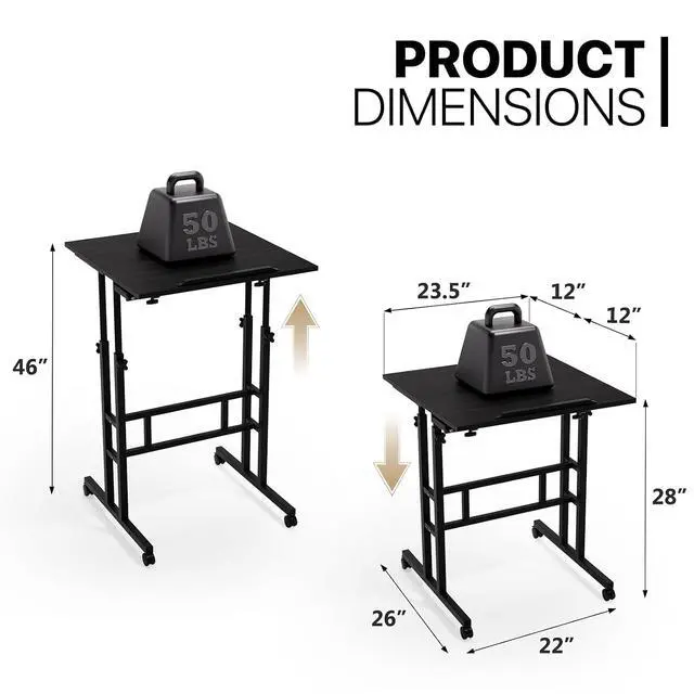Alt view image 3 of 7 - Mobile Desk Workstation Height Adjustable Rolling Laptop Stand Table with Wheels for Home Office Laptop Cart, Computer Desk, Black
