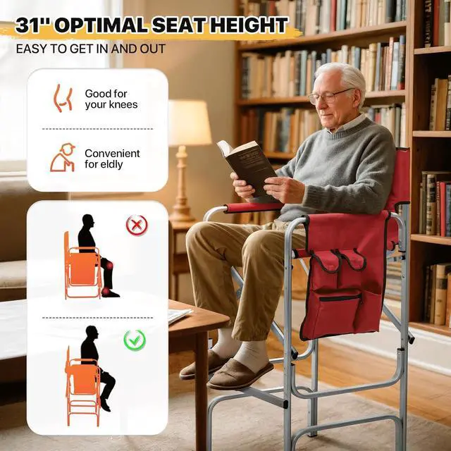 Alt view image 4 of 7 - 44.5" Foldable Tall Director Chair Folding Portable Aluminum Frame Makeup Artist Chair, with Side Table, Cup Holder and Pockets, 250lbs Capacity (Set of 2, Red)