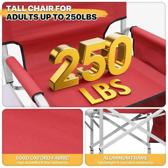 Alt view image 6 of 7 - 44.5" Foldable Tall Director Chair Folding Portable Aluminum Frame Makeup Artist Chair, with Side Table, Cup Holder and Pockets, 250lbs Capacity (Set of 2, Red)