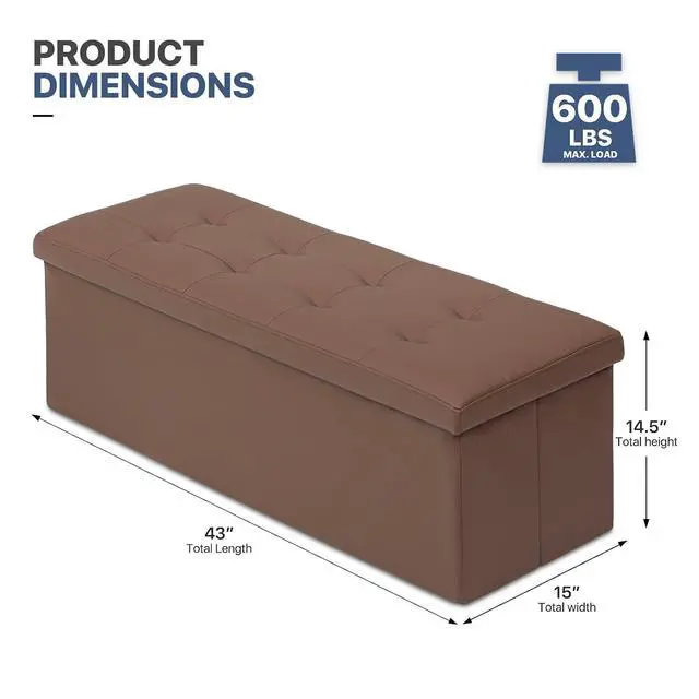 Alt view image 3 of 7 - 43 Inch Storage Ottoman Bench, 34 Gal. Folding Ottoman Footrest, End of Bed Bench, Rectangle Foot Stool, Supports 600 lbs, for Bedroom, Living Room, Entryway, Hallway, Brown