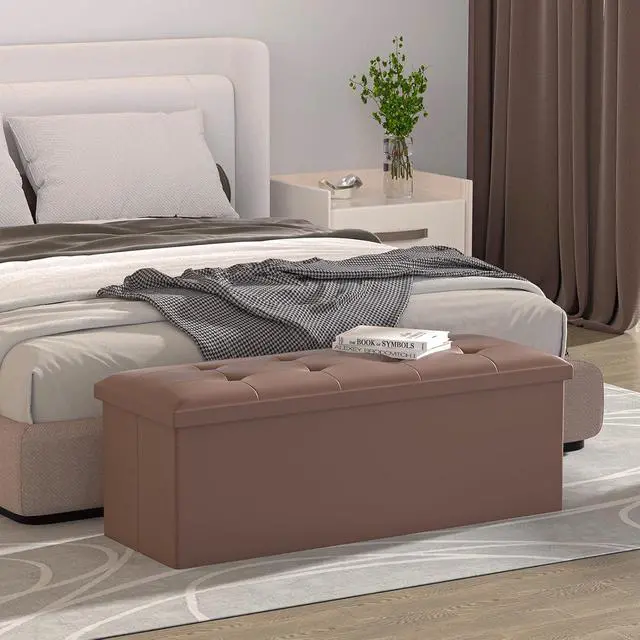 Alt view image 2 of 7 - 43 Inch Storage Ottoman Bench, 34 Gal. Folding Ottoman Footrest, End of Bed Bench, Rectangle Foot Stool, Supports 600 lbs, for Bedroom, Living Room, Entryway, Hallway, Brown