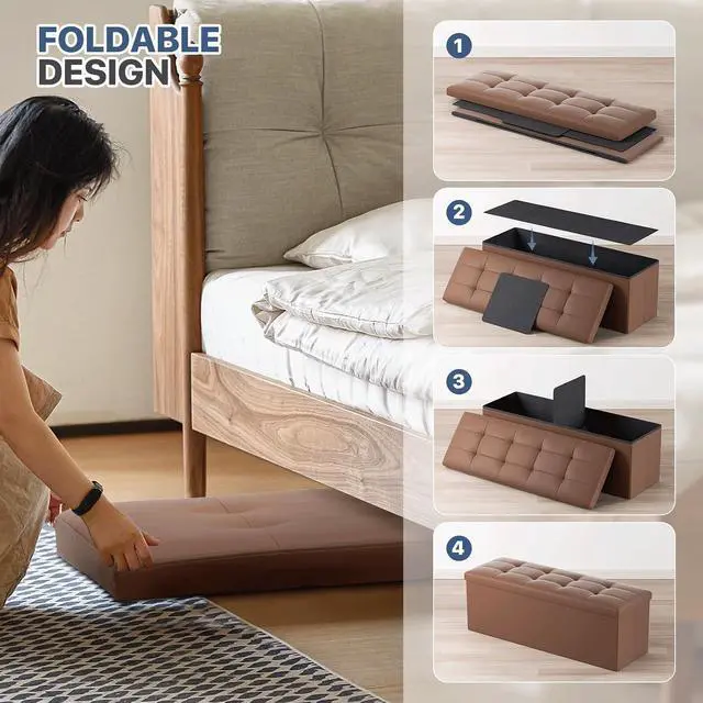 Alt view image 5 of 7 - 43 Inch Storage Ottoman Bench, 34 Gal. Folding Ottoman Footrest, End of Bed Bench, Rectangle Foot Stool, Supports 600 lbs, for Bedroom, Living Room, Entryway, Hallway, Brown